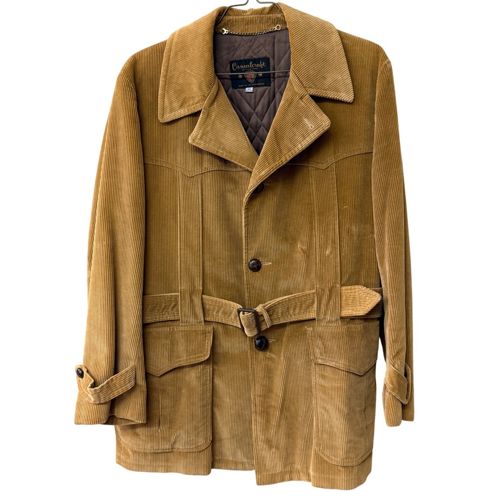 Vintage Casualcraft Mens Belted Corduroy Western Field Coat Jacket Size 44 Tan